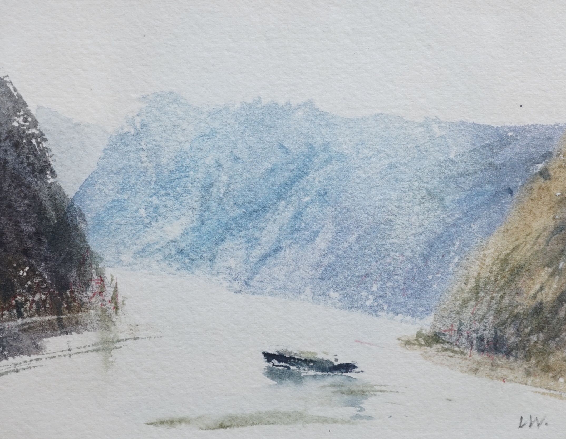 Leslie Worth, Barge on the Rhine, watercolour, signed initials, 9 x 11.5cm